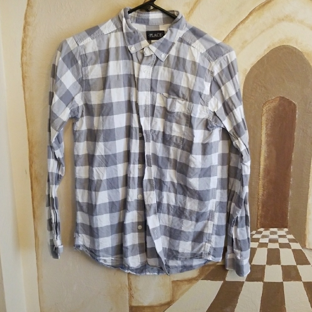 Grey and white checked shirt